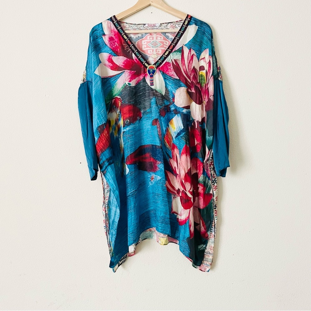 Johnny Was SMALL 100% silk lotus pond blue narrow sleeve beaded tunic kaftan